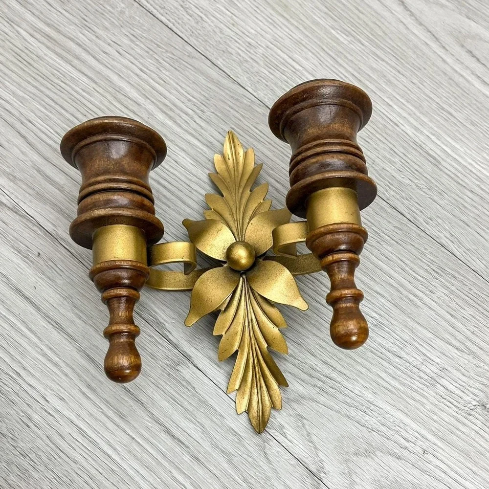 Solid‎ Wood and Brass Wall Sconce Candleholder - Vintage Hollywood Regency Decor